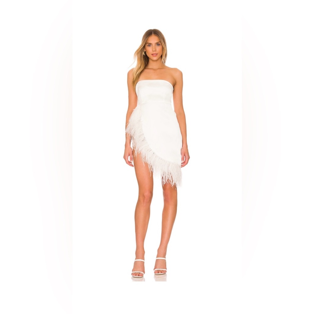 NBD White Strapless Feather-Hem Mini Dress